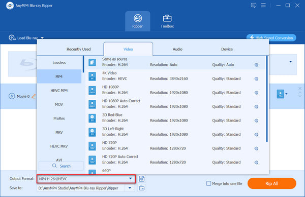 Select Ripped Bluray Output Format