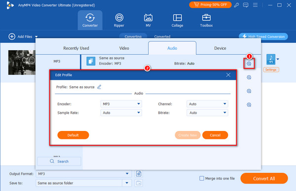 Click Gear Icon to Customize Profile Parameters