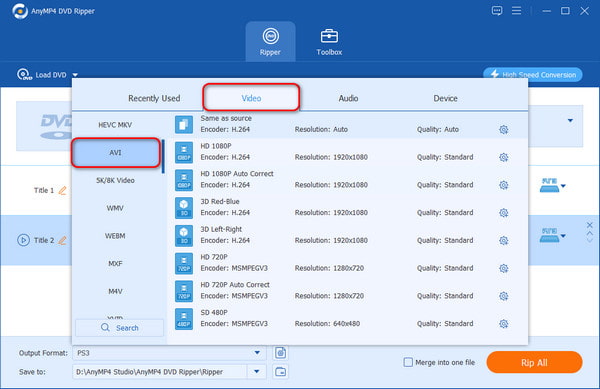 Select Avi Output Formats