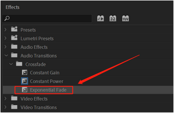 Select Exponential Fade in Effects Panel