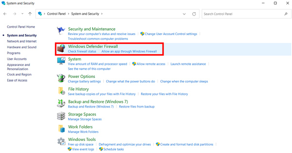 Select Windows Defender Firewall