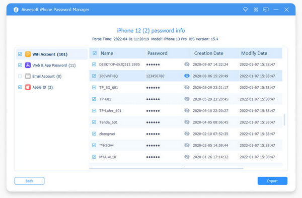 Aiseesoft iPhone Password Manager Check Scanned Password