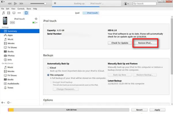 Restore iPod in iTunes