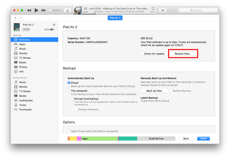 Restore iPad in iTunes