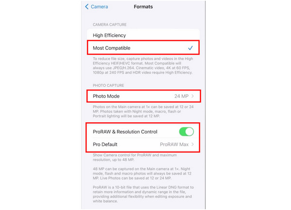 iPhone Camera Formats Adjustments