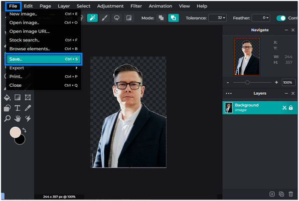 Remove Image Background in Pixlr File Save