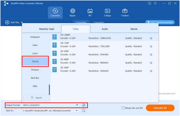 Anymp4 Video Converter Ultimate Tiktok Output Format