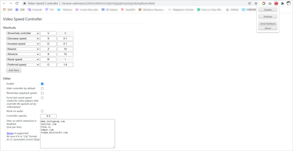Chrome Video Speed Controller Settings